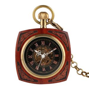 Steampunk Vintage Square Real Wood Automatic Mechanical Pocket Watch Men Women Skeleton Dial Watches Pendant Chain Clock234R