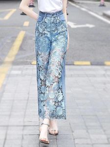 الجينز النسائي High Pantalones de Mujer Lace Patchwork Hollow Out Fashion Elegant for Women Cle