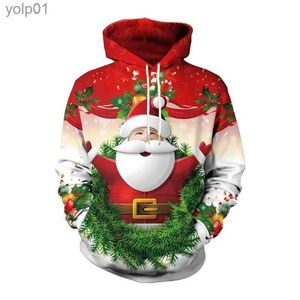 Moletom com capuz masculino 2024 Natal Ano Novo Vermelho Homens Hoodie Boneco de neve Feliz Papai Noel 3D Impresso Personalidade Hoodies Casual Esporte Moletom Casaco L231107