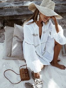 Cover-ups Women's swimsuit cover Ups Mandarin sleeves Kaftan Beach Tunic dress Robe De Plage pure white Pareo Beach cover Ups #Q429 230406