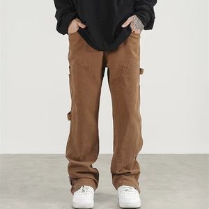 Calça masculina zíper do tornozelo marrom bolso de carga masculina calças largas de hip hop hip start solto feminino de calça longa casual Pantalon Homme 230407