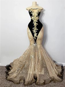 Shinny Gold pärlspärr Applique Mermaid Prom Dresses 2024 Black Girl See Thru Special OCN Evening Clowns 322