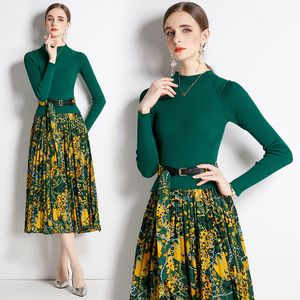 Abito longuette verde vacanza casual Manica lunga Donna Designer O-Collo Patchwork lavorato a maglia Stampa di moda Abiti da festa a pieghe 2023 Autunno Inverno Abiti eleganti da passerella