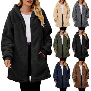 Felpe con cappuccio da donna Tinta unita Felpa a maniche lunghe Giacche oversize Cardigan in pile sfocato Cappotto con zip Capispalla con tasche