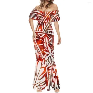 Casual Dresses Cumagical Hawaiian Palm Samoan Tribal Design Print Off-the-Shoulder Short Sleeve Fishtail Dress Women Leisure Summer