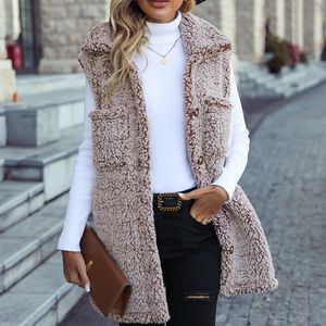 Flash Velvet gränsöverskridande europeiska och amerikanska kvinnokläder Autumn och Winter Lapel Sleeveless Long Loose Casual Faded Bubble Velvet Cardigan Vest