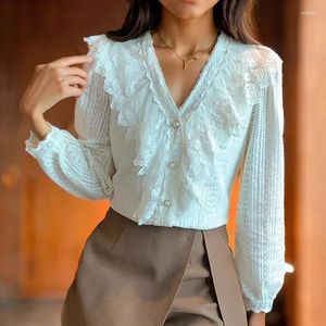 Женские блузки 2023, кружевная блузка с v-образным вырезом, модная женская офисная рубашка абрикосового цвета с длинным рукавом, топы на пуговицах, женская одежда, элегантная 29746