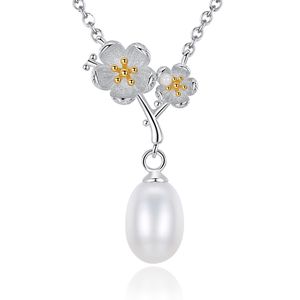 Vintage Plum Blossom Pearl Pendant Necklace Jewelry European Fashion Women S925 Silver Collar Chain Necklace for Women's Wedding Party Valentine's Day Gift SPC