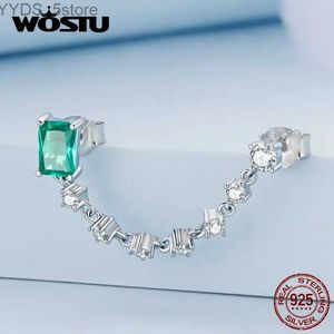 Stud Wostu 925 Sterling Silver 1 Piece Chain Earrings Green Rectangular Zircon Double Hole Ear Stud For Wowem Gift Fine Jewelry YQ231107