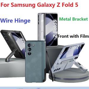 Metal Bracket For Samsung Galaxy Z Fold 5 Case Pen Box Matte Leather Glass Film Wire Hinge Protection Cover