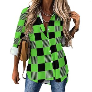 Kvinnors blusar Hard Gingham Loose Blue Green och Black Streetwear Overdimensionerade kvinnor Långärmad estetisk skjorta Autumn Pattern Top