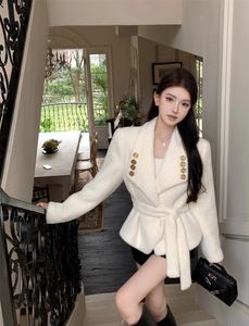 Women's turn down collar double breasted patchwork woolen soft long sleeve sashes coat jacket ML