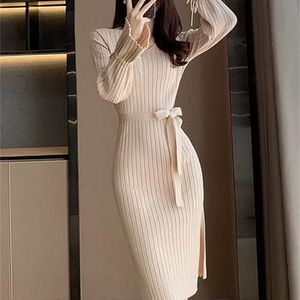 Bell Sleeve Solid Color Knitted Dress Autumn New 2023 Waist-Tight Elegant Slim V-neck Mid-Length Hip Skirt