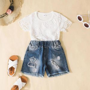 Kläduppsättningar Citgeesummer Kids Toddler Girls Outfits Short Sleeve Lace Tops Ripped Denim Shorts Clothes Set