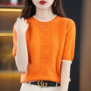 Kadın T-Shirt Rongyi İlkbahar/Yaz Kadın T-Shirt Kısa Kollu% 100 Merino Yün O boyun çizilmiş içi boş satış Örme Top 230407