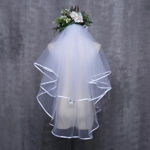 Veli da sposa donna abito da sposa velo a due strati accessori per bordo del nastro di tulle