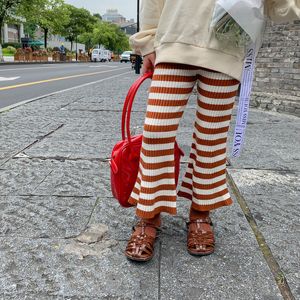 Leggings Tights Girls Pants Flared Children Striped Slim and Knitted Spring Autumn Elastic Waist Panelled Kids Clothes 230407