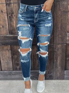 Jeans elasticizzati strappati da donna Pantaloni in denim effetto consumato sfilacciati con orlo grezzo e foro
