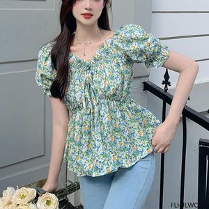 Kvinnors blusar 2023 Summer Holiday Datum Girls Floral Print off Axel Peplum Sexy Breezy Boho Topps Japan Chic Fashion Clothes