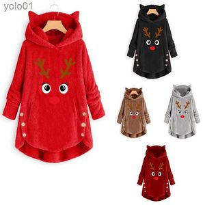 Women's Sweaters Christmas Sweater Women Plus Size S- 5XL Pullover with Hooded Ear Cat Button Knitted 2021 Winter Deer Pink Black Oversized ThickL231107