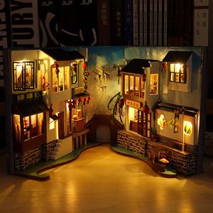 Dekorative Objekte Figuren DIY Book Nook Kit, dekoriert mit Buchstütze im japanischen Stil, Bücherregal, Mini-Haus, kreatives Geschenk mit LED-Leuchten 230406