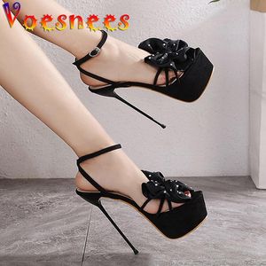 Abendschuhe Voesnees Big Bow Strass Sandalen Damen Super Dünner Absatz 17cm High Heels 2023 Sommer Schwarz Plateau Damen Laufsteg 34-40