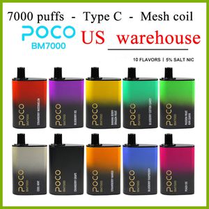 POCO BM 7000 Puflar Mesh Bobin Elektronik Sigara Tek Kullanımlık Vape 850mAh Tip C Pil ve 17ml kartuş bölmesi ABD Yerel Depo