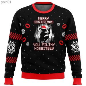 남성용 후드 셔츠 스웨트 셔츠 반지의 제왕 더러운 호브 비트 추악한 크리스마스 스웨터 크리스마스 스웨터 선물 산타 클로스 풀오버 남자 3D 스웨트 셔츠 및 탑 AL231107