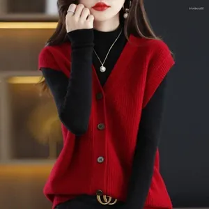 女性のセーター秋と冬のVネックニットカーディガンベスト韓国語版ゆるい汎用の袖なしのセータータンクトップ