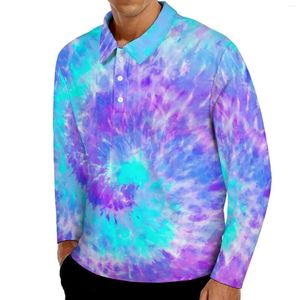 Men's Polos Tie Dye Swirl Casual Polo Shirt Blue And Purple T-Shirts Long Sleeve Printed Daily Funny Oversize Clothes Birthday Gift