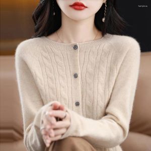 Women's Knits Merino Cashmere Sweater Round Neck Cardigan Hollow Out Long Sleeve Fashion Knitwear Autumn And Winter