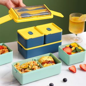 Bento Boxes 1400ML Pre Meal Container Plastic Double Layer Microwave Bento Box Portable Lunch Container with Utensil Reusable for Office 230407