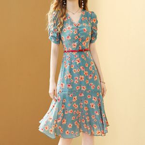 Casual Dresses Women's Summer Flower Chiffon Lotus Leaf Dress Fashion Print Temperature Band Fashion Women's Vestido Women's Dress 230407