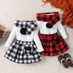 Clothing Sets CitgeeAutumn Christmas Kids Girls Fall Outfits Solid Color Ribbed Long Sleeve T-Shirts Tops Plaid Skirts Scarf Clothes Set
