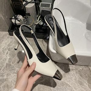 Sapatos de vestido de salto alto verão metal pequena cabeça quadrada boca rasa sandálias femininas stiletto preto sexy mulheres 2023