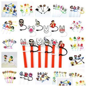 Drinking Straws Custom Bad Bunny Etc Pattern Soft Sile St Toppers Accessories Er Charms Reusable Splash Proof Dust Plug Decorative 8 Otdfo