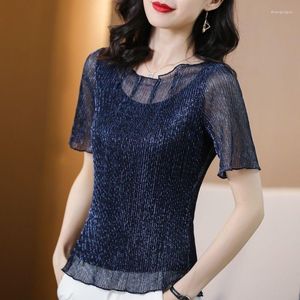 女性用Tシャツ夏の女性ネット糸Tシャツエレガントなハイエンド大規模レース半袖気質トップスブルザファッションMM0522