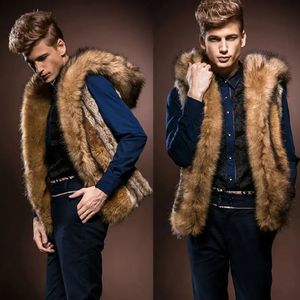 Men's Fur Faux Fur Men Faux Fox Fur Coat Slim Fitting Hooded Vest Plush Chic Winter High Quality Imitation Furry Sleeveless Warm Mink T-shirt Tank 231107