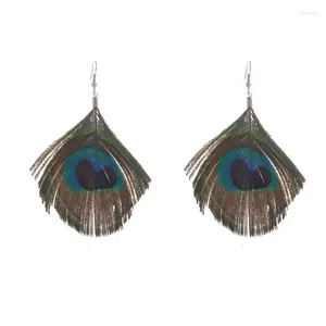 Dangle Küpe 2023 Lureme Bohem tarzı Büyük Peacock Feathers Women ve Girls Vintage için Kolye Küpe