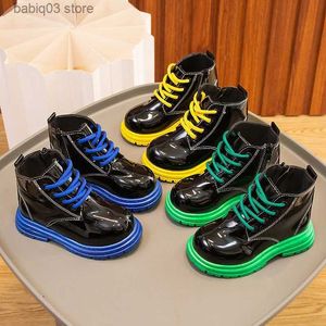 Boots Children's 2023 Fashion Lacquer Leather Boots for Boys 'Autumn and Winter Girls Cotton Warm Boots T231107