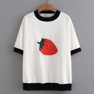 Kvinnors t-shirt Summer Plus Size Basic T-shirt Kvinnor Spring Strawberry Mönster Ice Silk Sticked O-Neck T-Shirt Kort ärm Topp Böjda kläder 230407