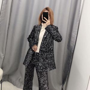 Pantaloni a due pezzi da donna Cakucool Abito da donna Donna Nero lucido Argento Giacca con paillettes e set Cerimonia per feste Pezzi chic Terno Feminino