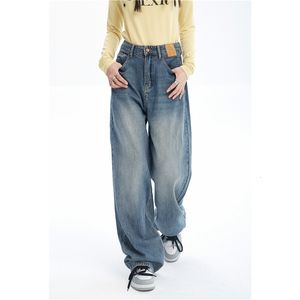 Kvinnors jeans kvinnors blå jeans kontrastfärg hög midja amerikansk gata breda ben byxor mode väska retro raka höstbyxor 230407