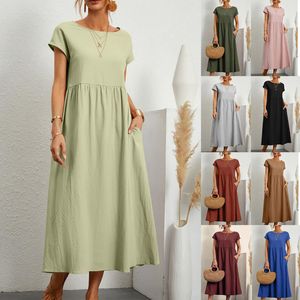 Casual Dresses Women's Elegant Solid Dress Summer Casual O-Neck Short Sleeve Cotton Sundress Retro Loose Pocket Y2K Long Dress Vestidos Robe 230407