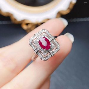 Klusterringar FS S925 Sterling Silver Inlay 5 7 Natural Ruby Ring with Certificate Fine Fashion Charm Weddings smycken för kvinnor Meibapj