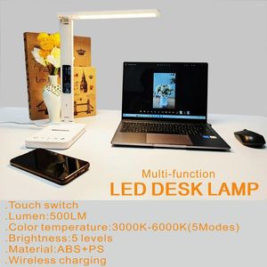 Bordslampor Multifunktion LED-skrivbordslampa trådlös laddningsstation Läsning Ljus USB-uttag