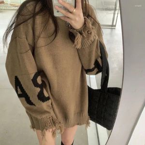 Women's Sweaters Women Autumn Winter Print Letter Full Sleeve Tops Hole Round Neck Knitted Pullovers Loose Casual Regular Jumpers