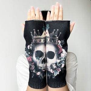 Dark Punk Halloween Autumn/Winter Open Finger Gloves Crown Skull Head Print Arm Cover Men's and Women's Gloves