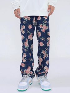 Jeans da uomo Quattro stagioni Stampa floreale rosa Lavato Uomo Retro Tide Marca Pantaloni dritti larghi Tendenza JEANS da uomo casual