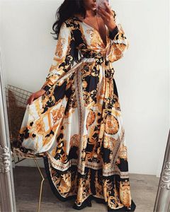 2023 Летние повседневные платья для женщин Boho Wrap Long Dress Print V-образным вырезом с длинным рукавом Holiday Maxi Loose Сарафан Цветочные элегантные платья Коктейльная вечеринка